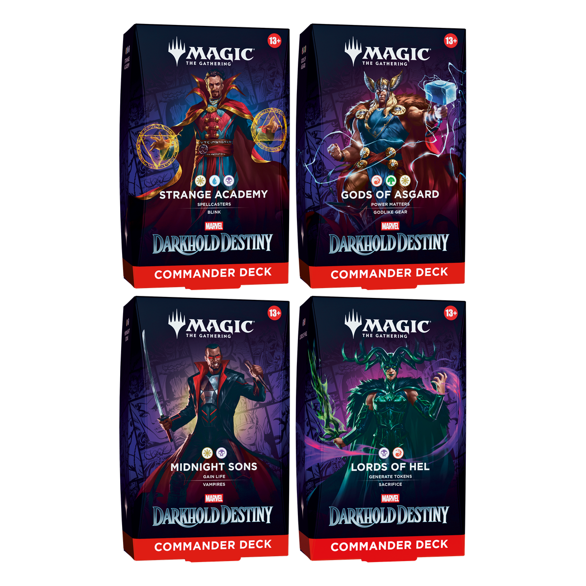MTG Marvel Darkhold Destiny commander deck display of 4 PNG
