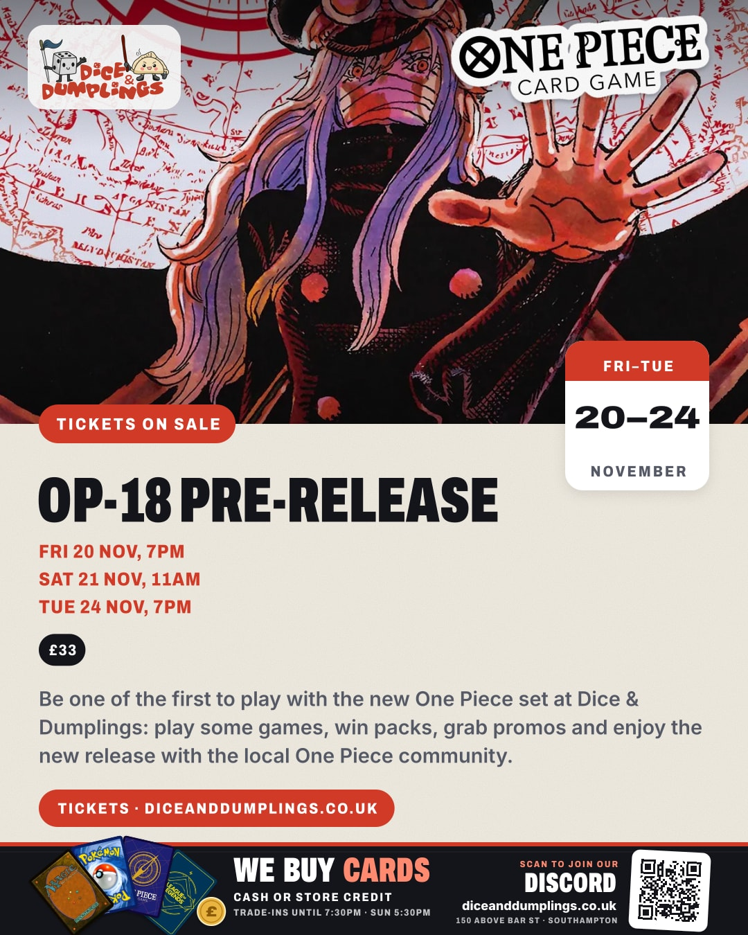 One Piece OP-18 Pre-Release Ticket Saturday 21st November Morning 11:00am poster
