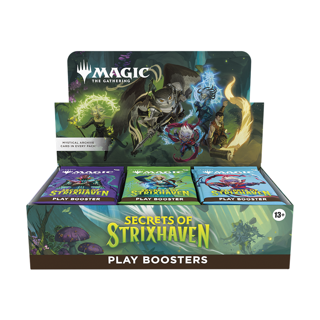 “Secrets of Strixhaven Play Booster Box for Magic: The Gathering featuring the five Strixhaven colleges”
